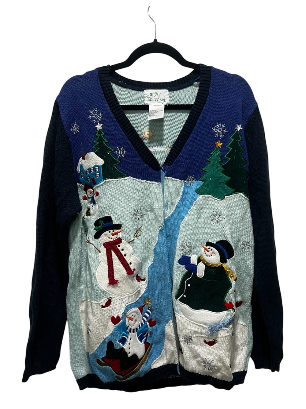 Grandma core Vintage Holiday Snowman Embroidered V‑Neck Sweater Cardigan